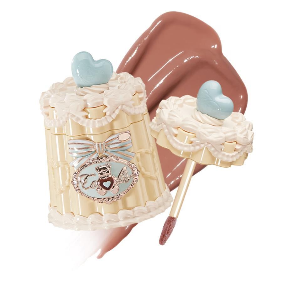 FlowerKnows Sweetie Bear Coating Lip Jelly JE02 Puff Bear lip gloss swatch showing rosy pink tint with plumping glossy finish on lips against white background.