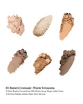 An arm swatch displaying the rich pigmentation of the Flowerknows Sweetie Bear 01 Buttery Croissant eyeshadow palette, featuring four velvety matte terracotta and brown tones alongside two sparkling gold and silver shimmer powder cakes
