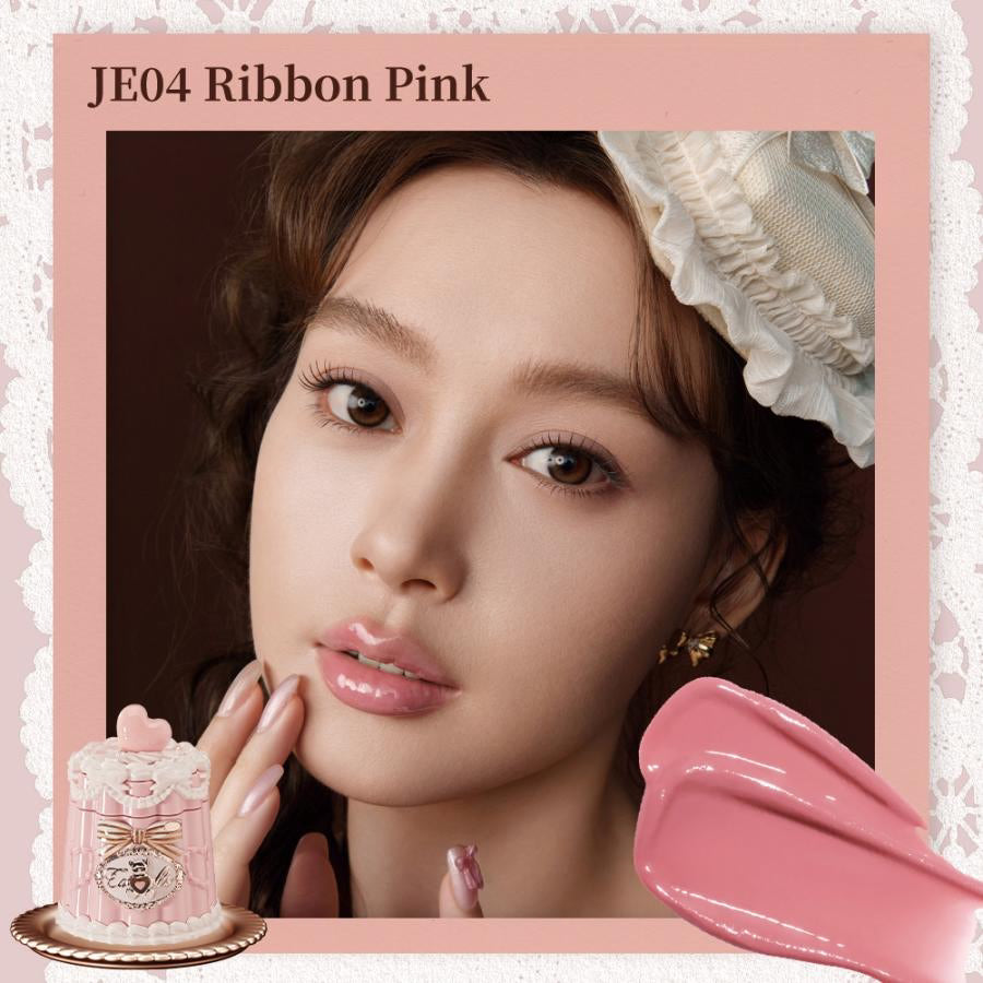 Flowerknows Sweetie Bear Coating Lip Jelly lip gloss in JE04 Ribbon Pink shade applied on lips showing soft pink tint and glossy shine effect.