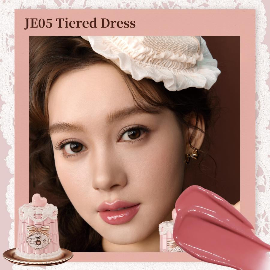 FlowerKnows Sweetie Bear Coating Lip Jelly lip gloss in JE05 Tiered Dress shade applied on lips showing rosy tint and glossy shine effect.