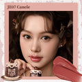 Flowerknows Sweetie Bear Coating Lip Jelly lip gloss in JE07 Canele shade applied on lips showing warm brown tint and glossy shine effect.