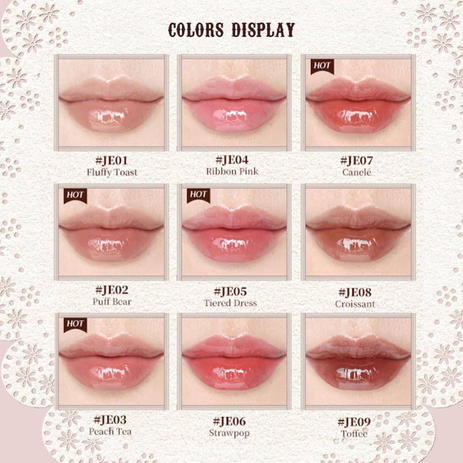 FlowerKnows Sweetie Bear Coating Lip Jelly lip gloss in beige shade with all 9 lip swatches displayed on lips in a chart layout against a grainy white background.