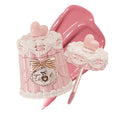 Flowerknows Sweetie Bear Coating Lip Jelly JE04 Ribbon Pink lip gloss swatch showing soft pink tint with glossy reflective finish on lips against white background.