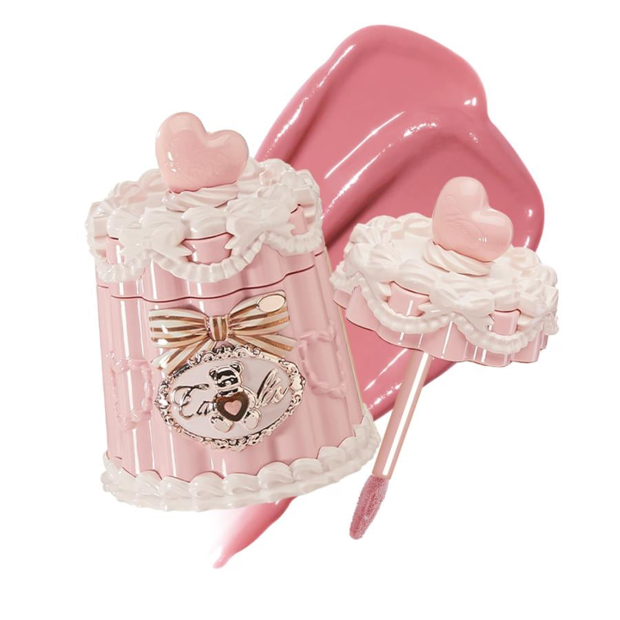 Flowerknows Sweetie Bear Coating Lip Jelly JE04 Ribbon Pink lip gloss swatch showing soft pink tint with glossy reflective finish on lips against white background.