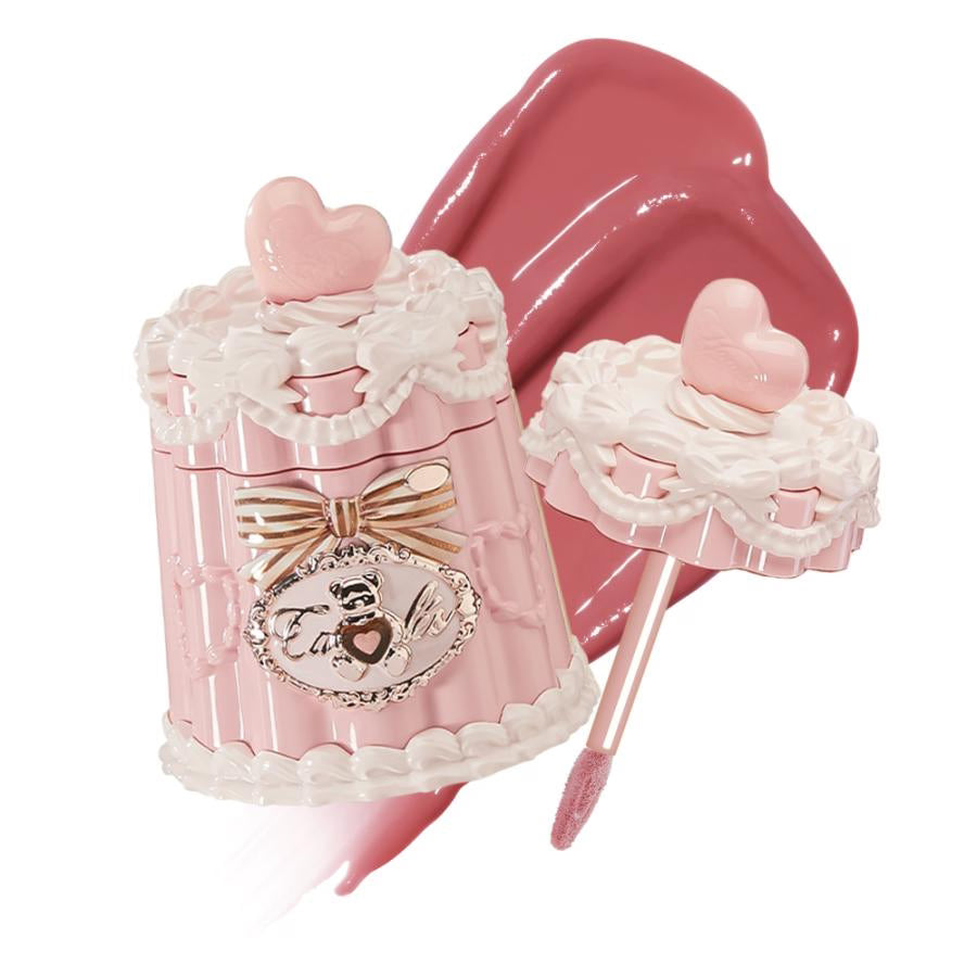 Flowerknows Sweetie Bear Coating Lip Jelly JE05 Tiered Dress lip gloss swatch showing elegant rose red tint and high shine glossy lips on white background.