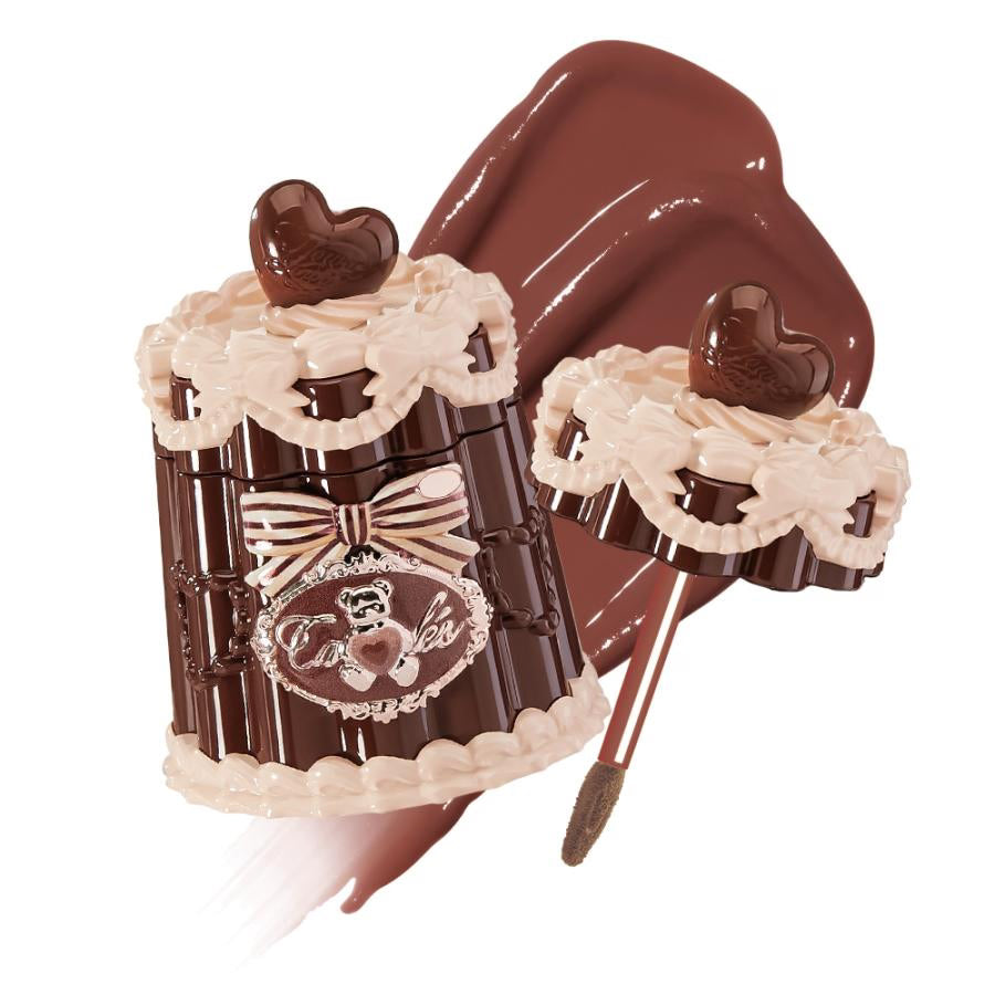 Flowerknows Sweetie Bear Coating Lip Jelly JE09 Toffee lip gloss swatch showing deep toffee brown tint with rich glossy shine on lips against white background.