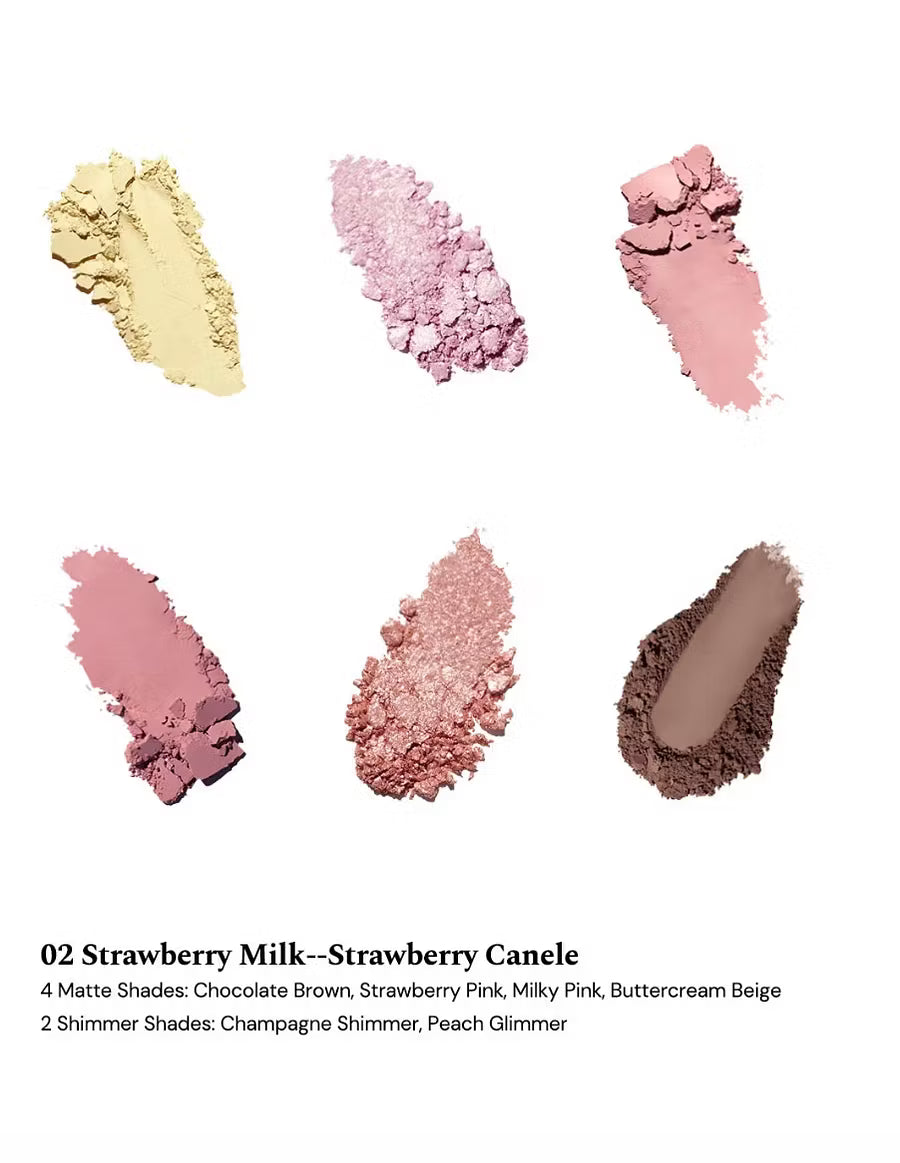 Six eyeshadow swatches of Flowerknows Palette Shade 02 Strawberry Milk on an white background, displaying rich pink-toned matte colors and fresh feminine shimmers next to the open palette.