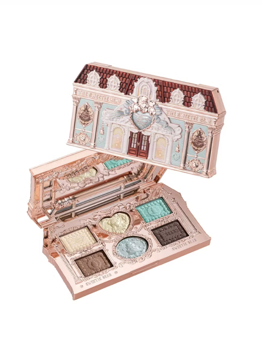 Flowerknows eyeshadow palette shade 3 on an overhead shot on a crisp white background showing the six pigmented swatches of the Flowerknows Sweetie Bear 03 Mint Chocolate eyeshadow palette, featuring rich chocolate brown, cream beige, and playful blue-toned contrast matte and shimmer powder cakes. white background showing brown, beige and blue pigmenation matte and shimmer cake.