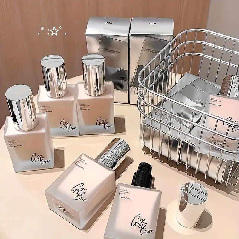 Foundation with 'gege bear' branding on a neutral background