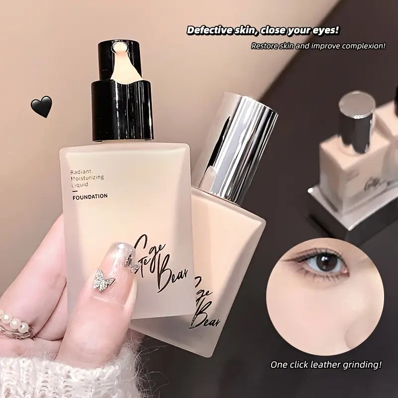 Foundation bottle held by a hand with decorative nails, close-up of eye, and text about skincare.