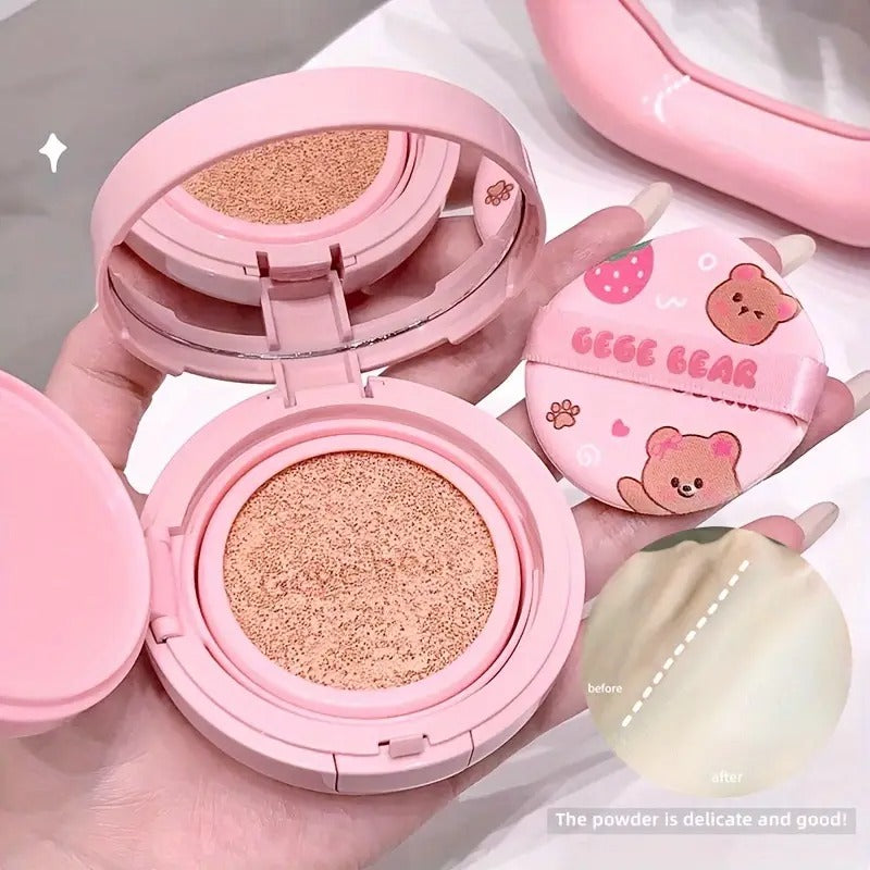 Makeup foundation with a cartoon bear design on the case.