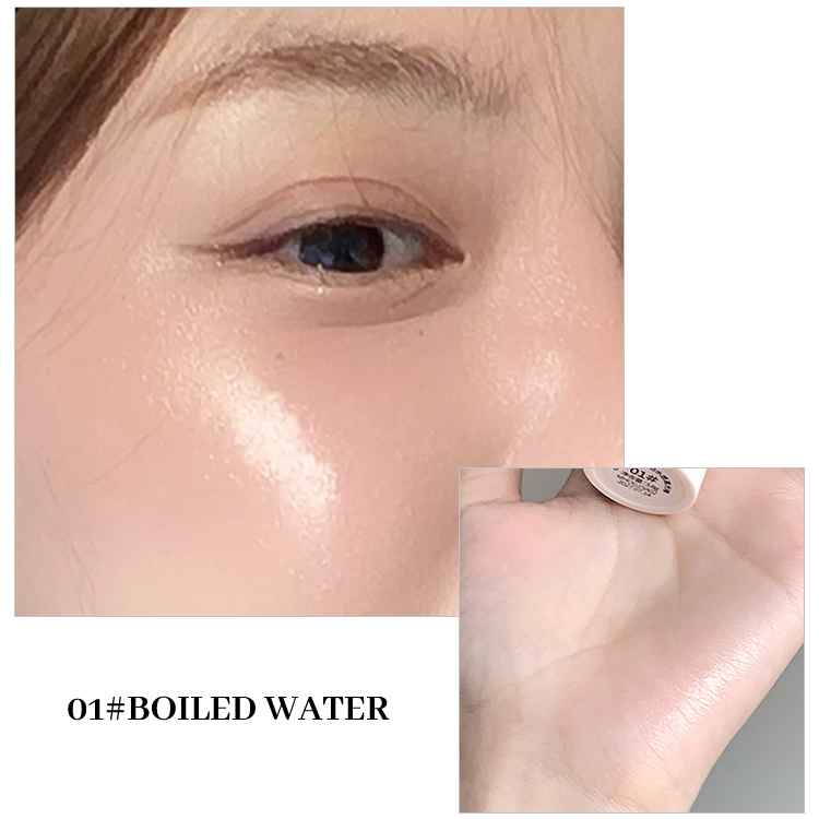 Close-up of eye with product application and a container labeled '01# BOILED WATER'.