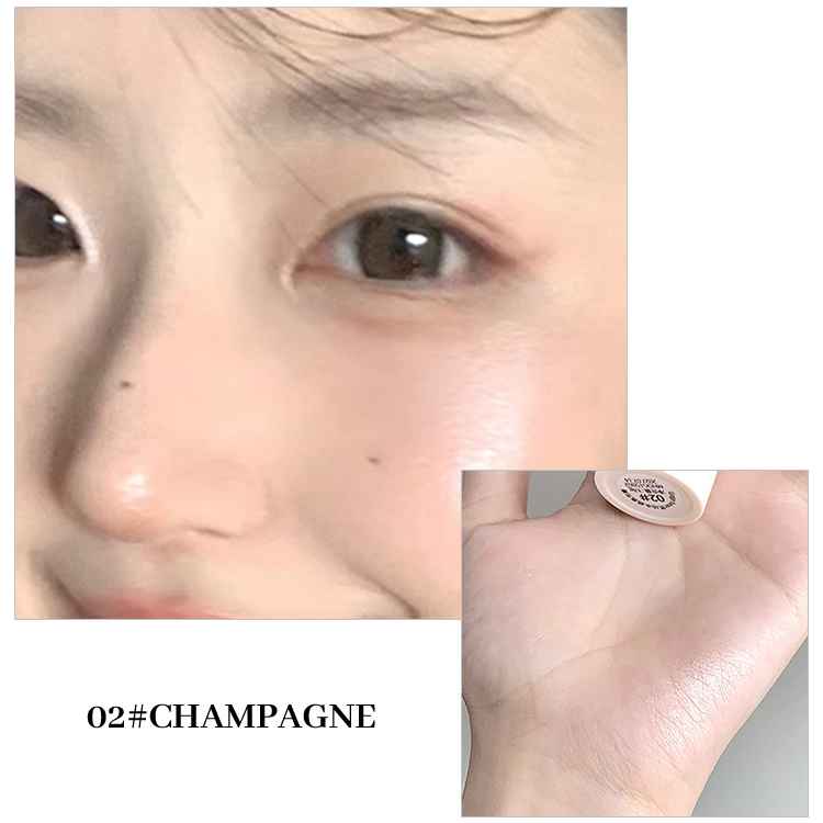Close-up of a person's eye with a product labeled '02# CHAMPAGNE' applied to the skin.