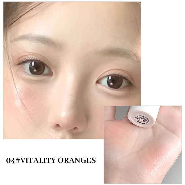 Close-up of a person's face with '04# Vitality Oranges' makeup product on a white background.