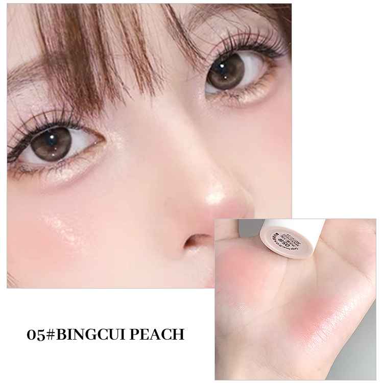 Close-up of a person's eye with makeup product labeled '05# BINGCUI PEACH'.