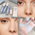 Concealer with 'GEGE BEAR' branding, including bottles and a tube, displayed alongside close-up shots of eyes and skin.