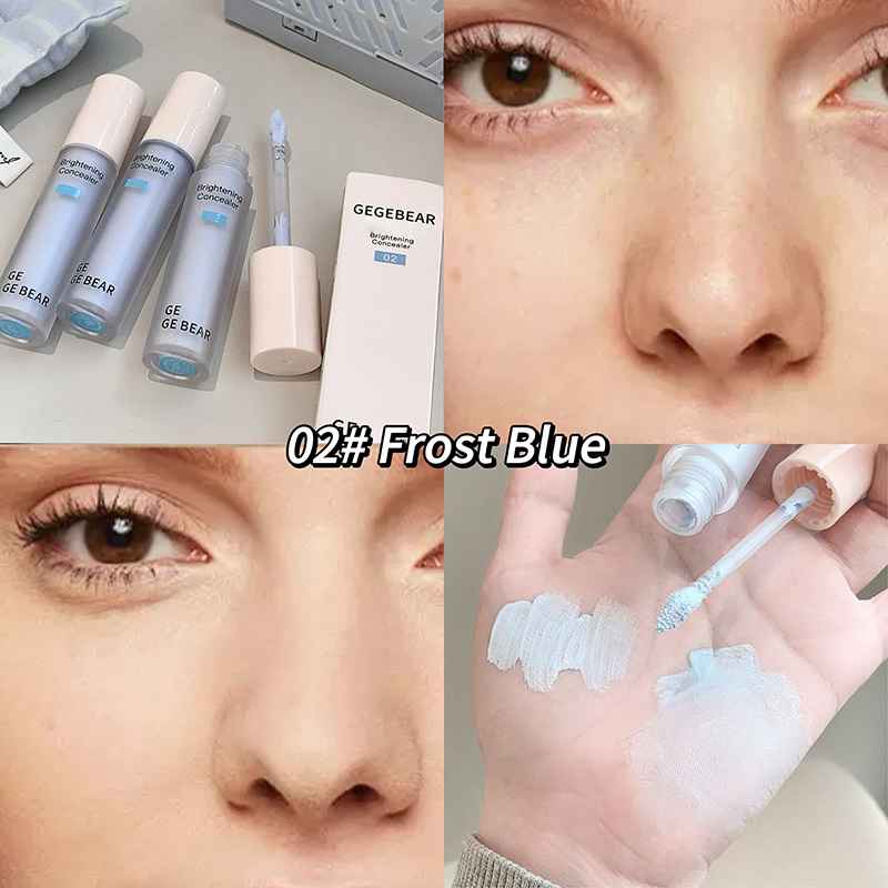 Concealer with 'GEGE BEAR' branding, including bottles and a tube, displayed alongside close-up shots of eyes and skin.