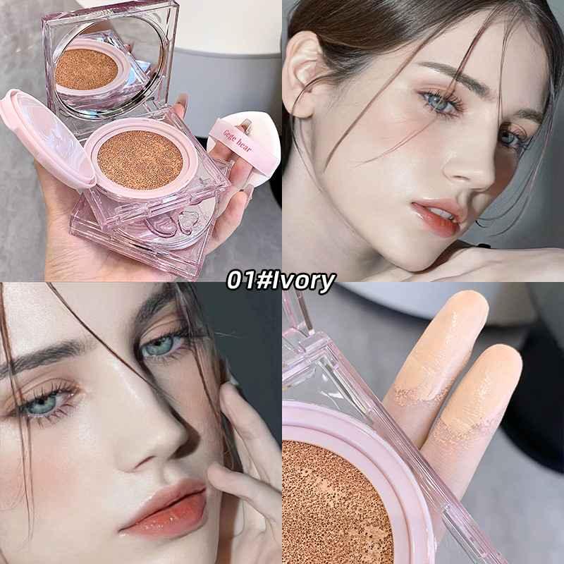 Collage showing Gege Bear air cushion foundation applied on a woman's face, demonstrating moisturizing effect and full matte finish with smooth, even skin coverage.
