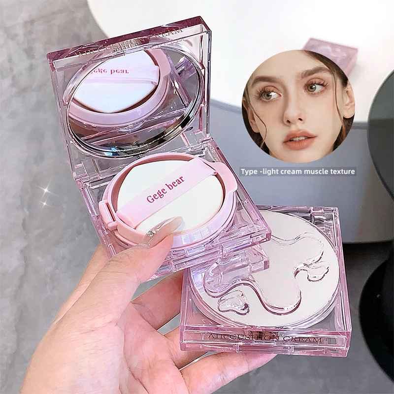 Pack of two Gege Bear cushion matte foundations in pink packaging, showing product details with built-in mirror and soft applicator puff in a compact design.
