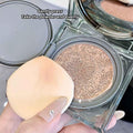 Gege Bear matte cushion liquid foundation showing detailed sponge and soft applicator puff inside a light blue container, highlighting texture and packaging design.