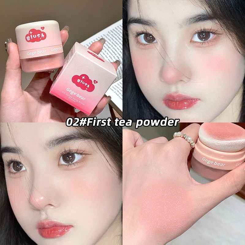 Gege Bear Blush Powder with Mirror and Puff - Waterproof, Full Coverage, Natural Finish, Color Correction for All Skin Tones, Orange/Pink/Red Shade, High Gloss Contouring Lazy Air Cushion Loose Powder