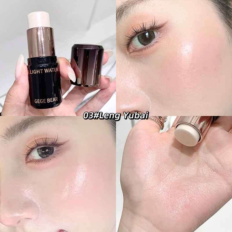 Blush sticks with 'GEGE BEAR' branding, applied to skin on a neutral background.