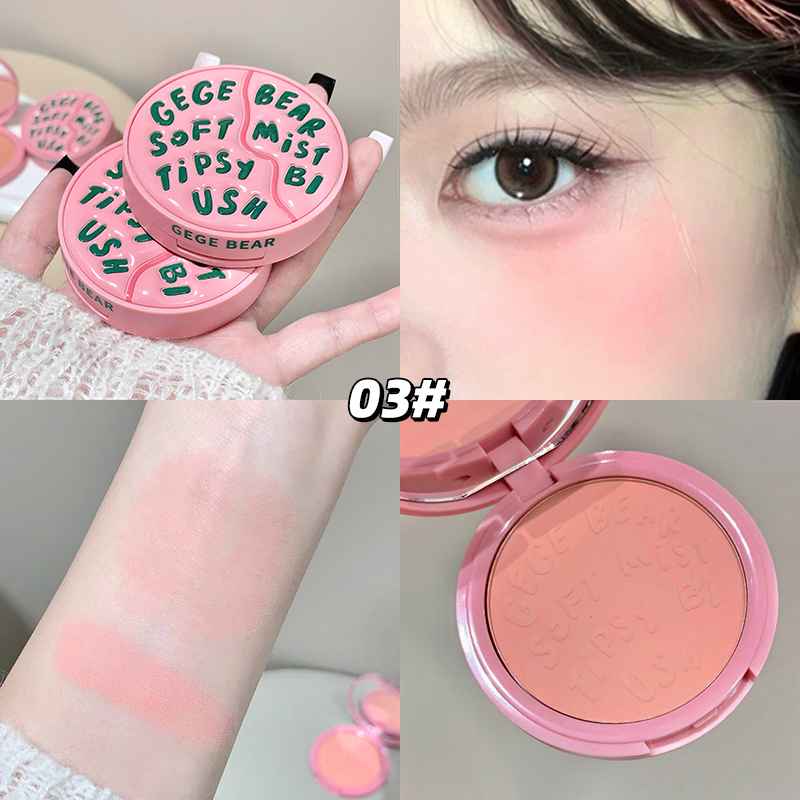 Collage of a pink makeup product with packaging, application on skin, and swatch.