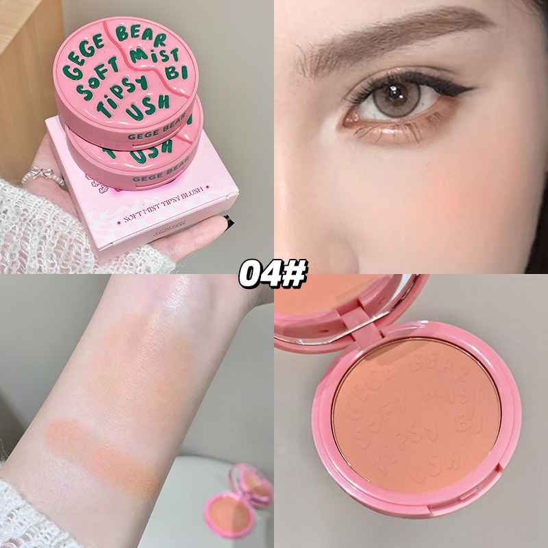 Collage of a pink makeup product, close-up of an eye, swatch on skin, and open product showing blush color.