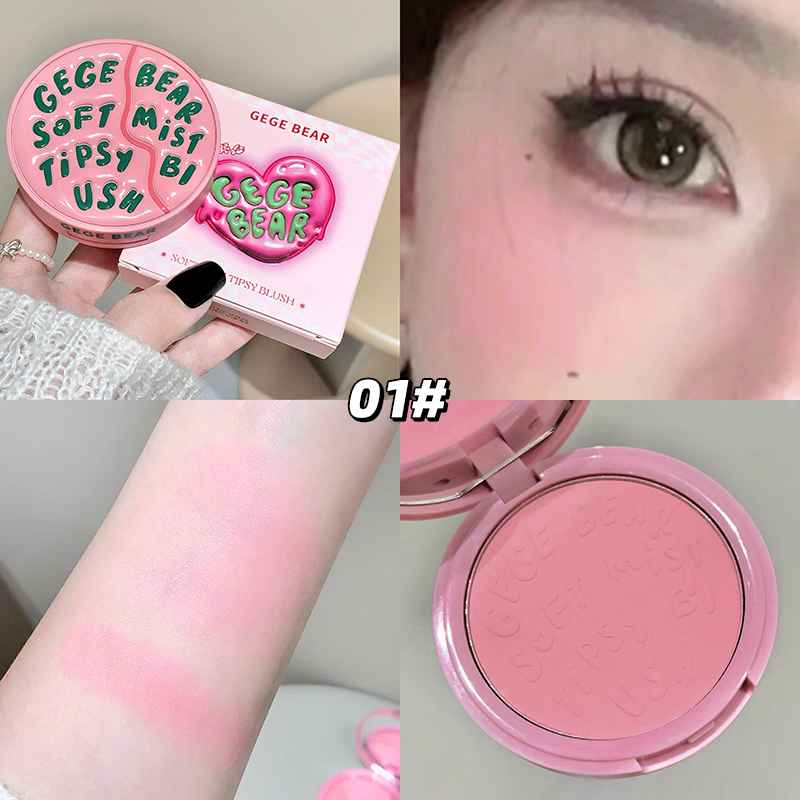 Makeup product with pink blush, packaging, and close-up of application on skin.