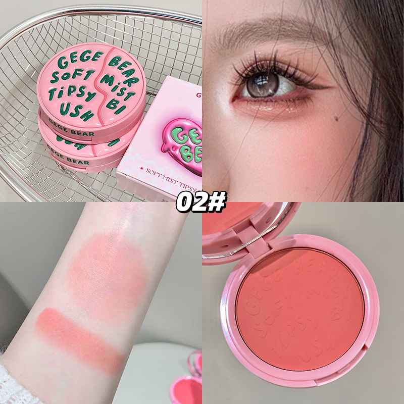 Collage of a pink makeup product with packaging, close-up of eye, swatch on arm, and open product showing color.