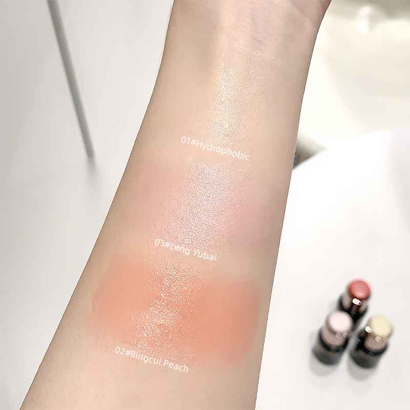Arm swatches of differentGege Bear Blush sticks with visible labels on a white background