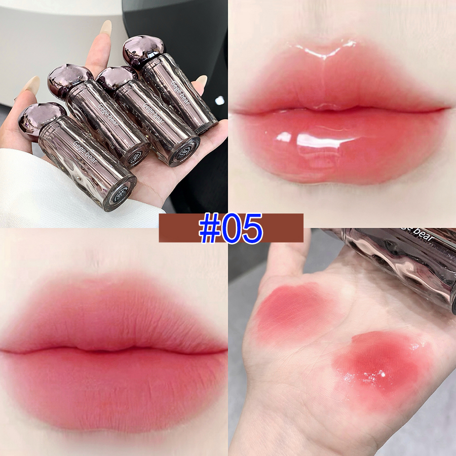 Collage of lip products including  lip gloss, with close-ups of lips and skin.