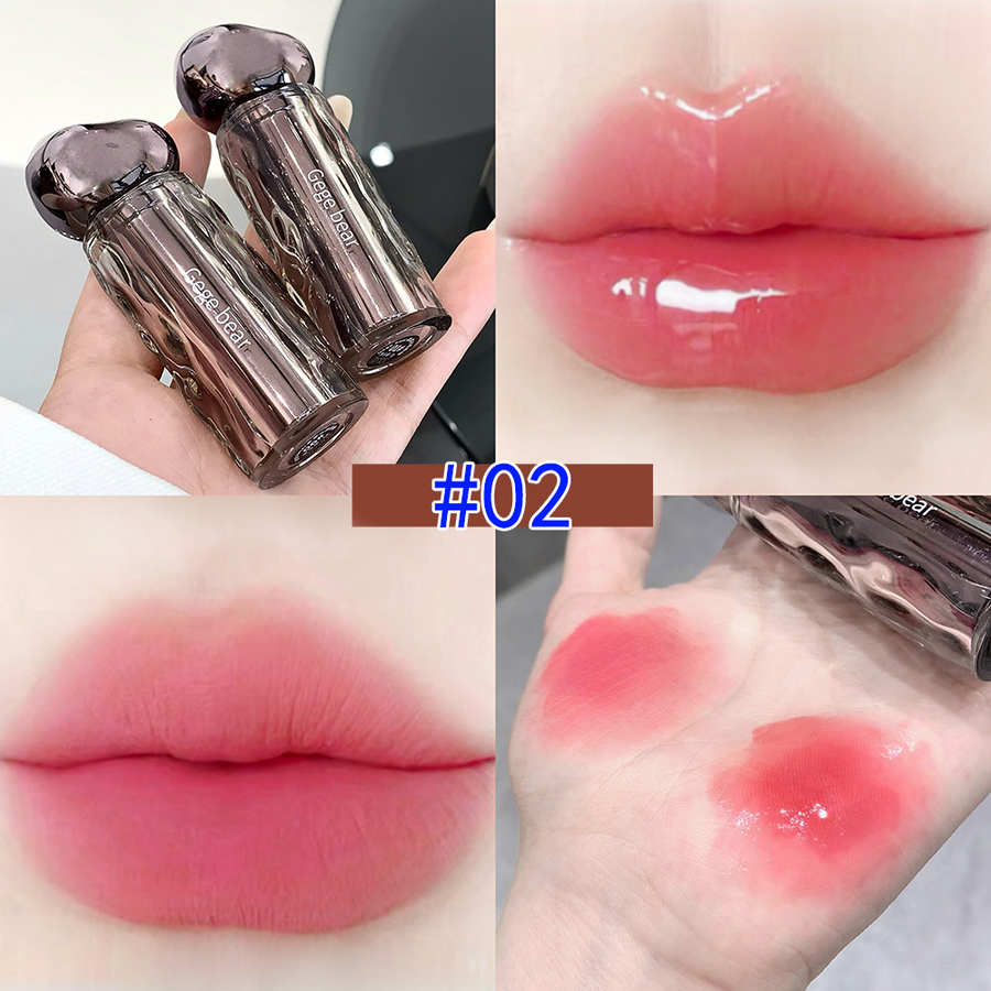 Lips gloss with packaging, applied on lips, and swatches on skin.