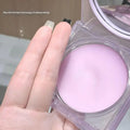 Girl holding Gege Bear compact powder in hand with fingers showing the translucent matte finish texture of the pressed powder for oil control and smooth skin look.