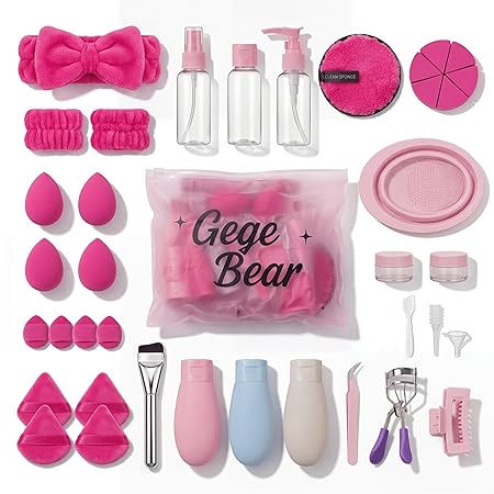 Gege Bear beauty blender hot pink set of 38 travel kit with plastic container brush eye curler hair clip brush cleaning bucket 