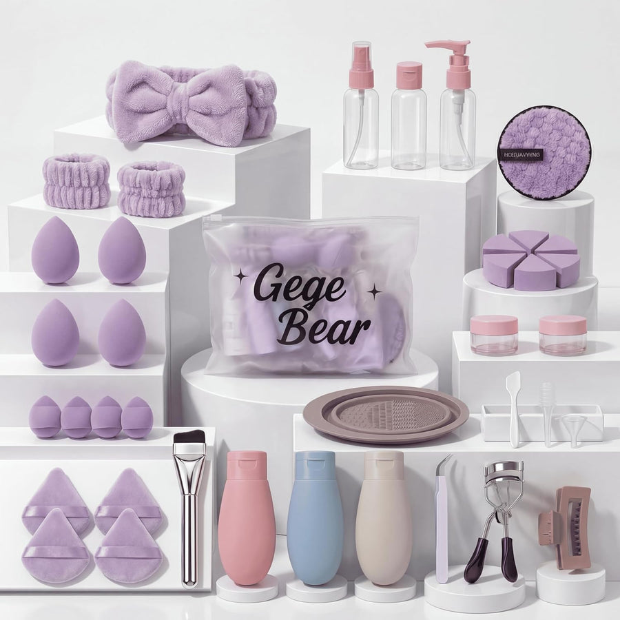 purple 38 pieces beauty blender set and travel kit on a white background 