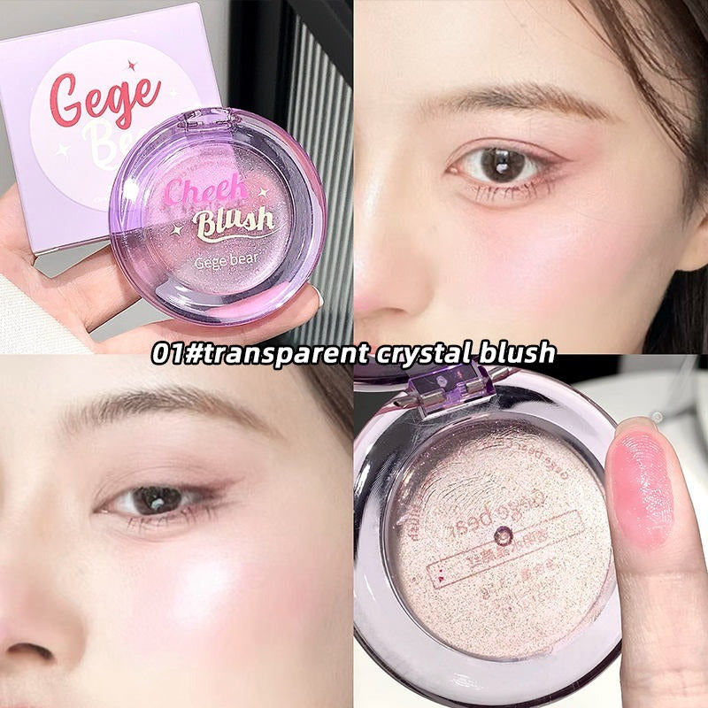 Gege transparent crystal blush with packaging, application on face, and close-up of blush.