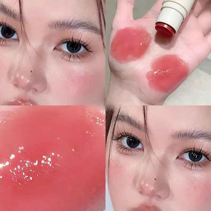 Collage of a person applying blush, close-up of lips, and a hand with blush swatches.