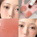 Collage of a woman's face with close-ups of blush and swatches.