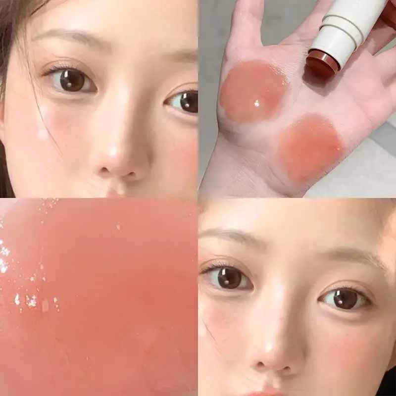 Collage of a woman's face with close-ups of blush and swatches.