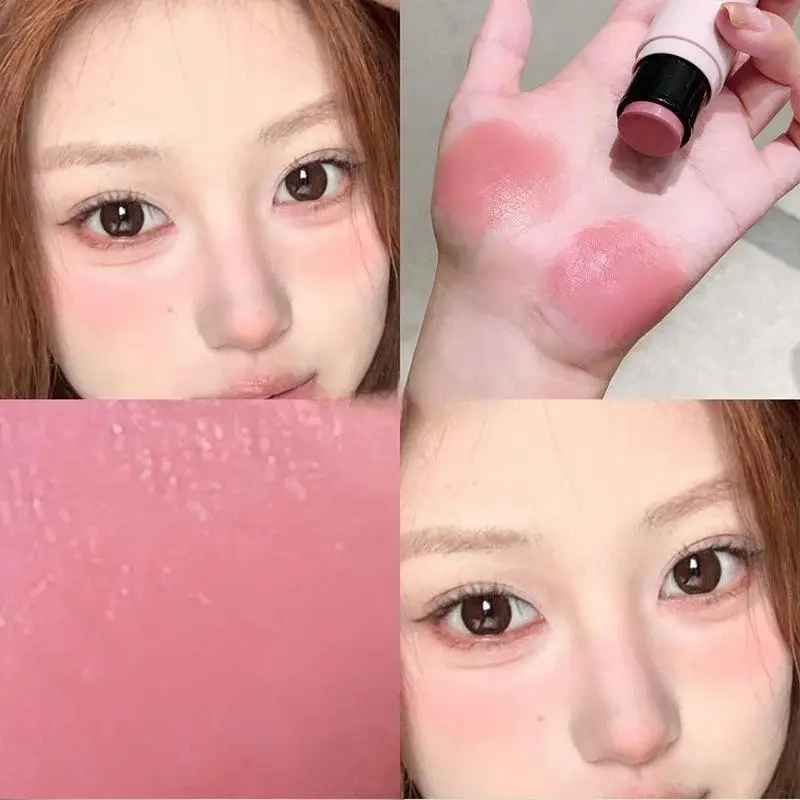 Collage of a person applying pink blush, close-up of blush texture, and a person with flushed cheeks.