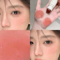 Collage of a person applying blush, close-up of lips, and blush on skin.