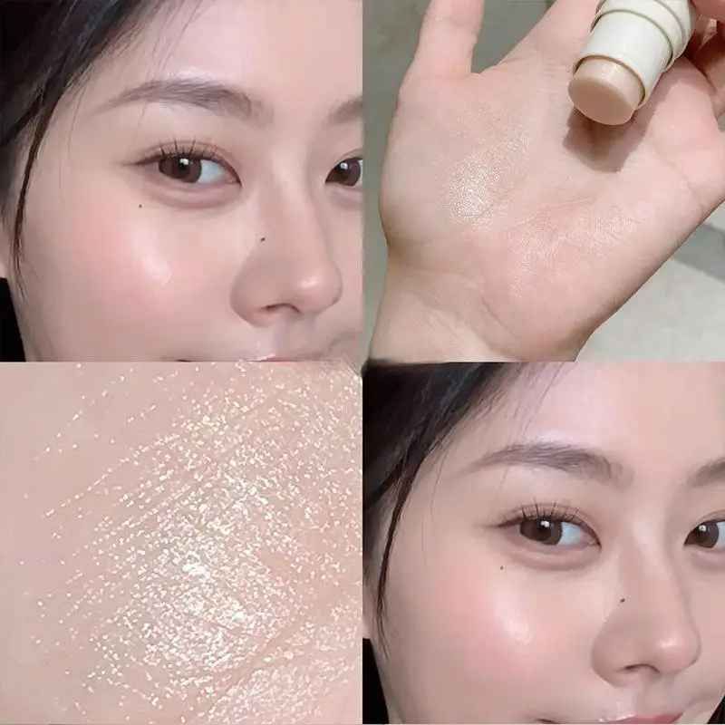 Collage of a woman applying makeup with a close-up of her face, a hand holding a blush, and a close-up of glittery makeup.