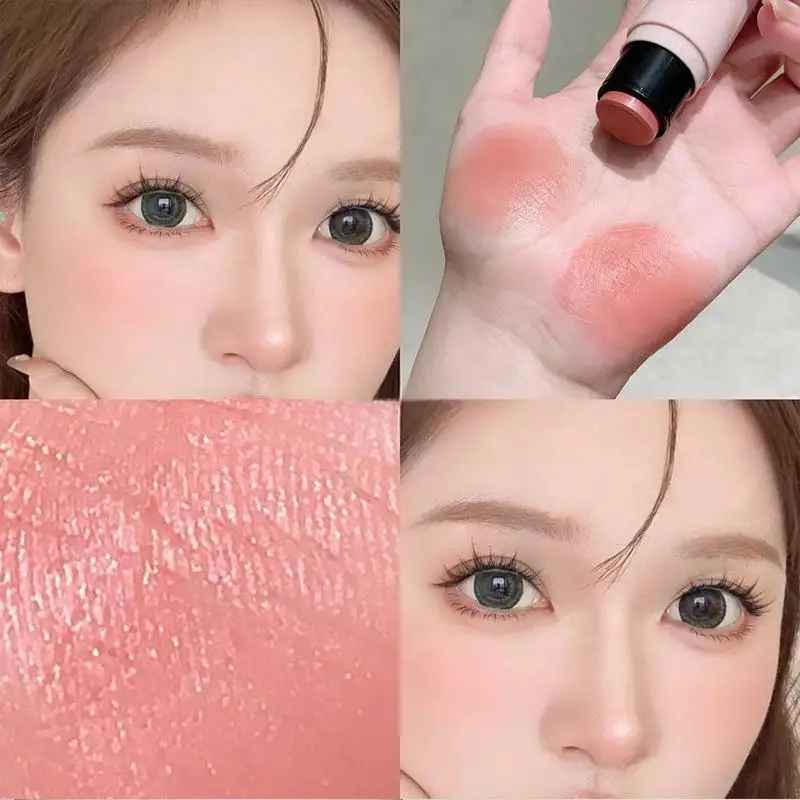 Collage of a blush being applied and close-up shots of the lips blush texture.