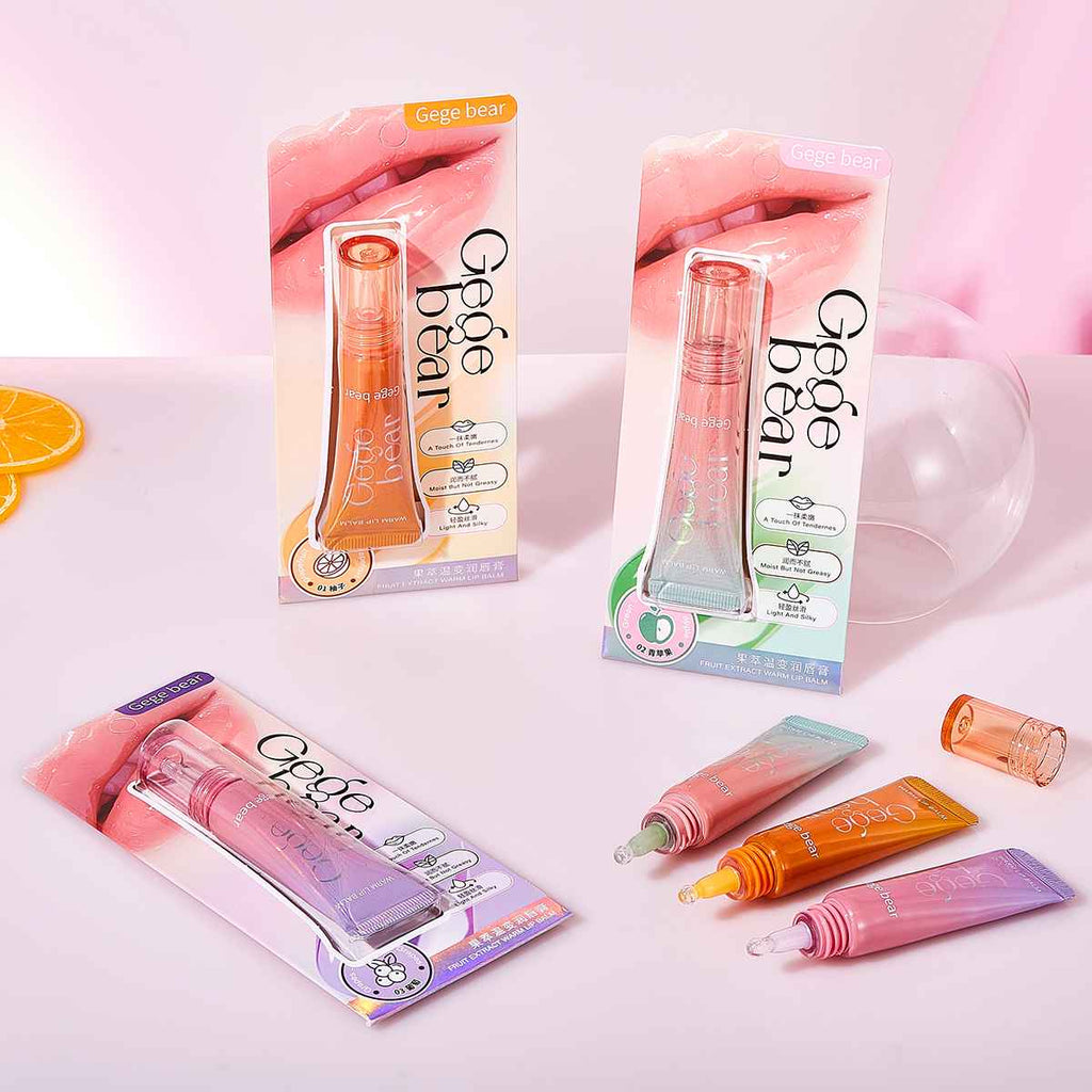 Gege Bear gloss product packaging on a light pink background