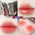 Collage of a lip gloss with packaging, applied on lips and skin.