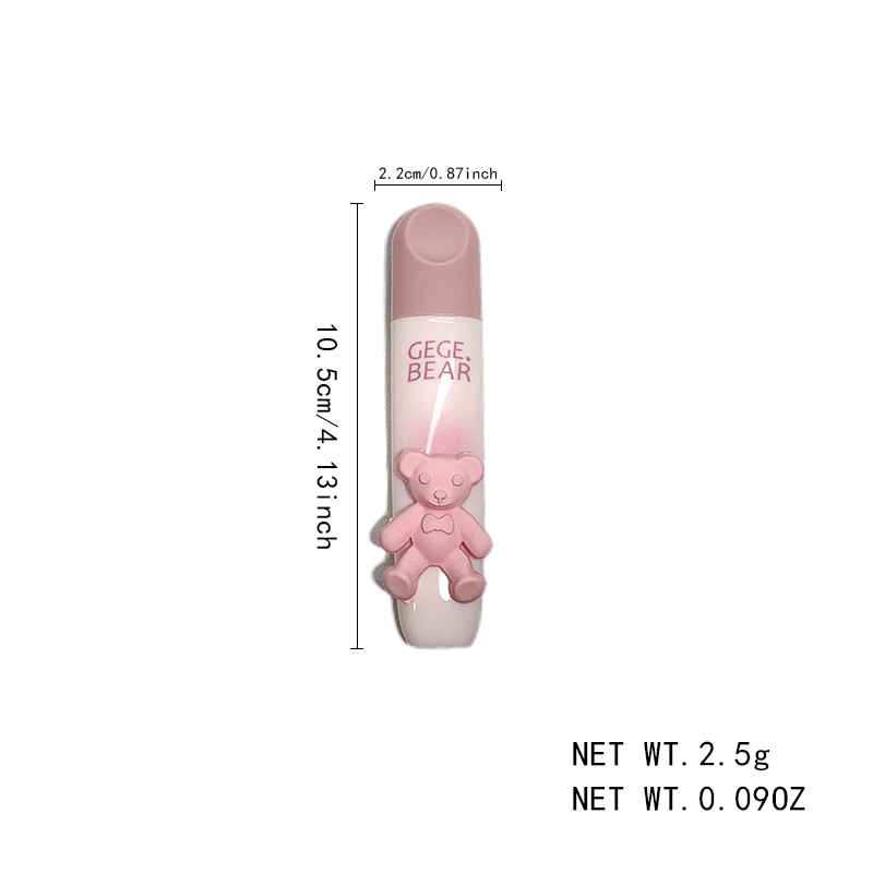 Small pink bottle with bear design and measurements on a white background
