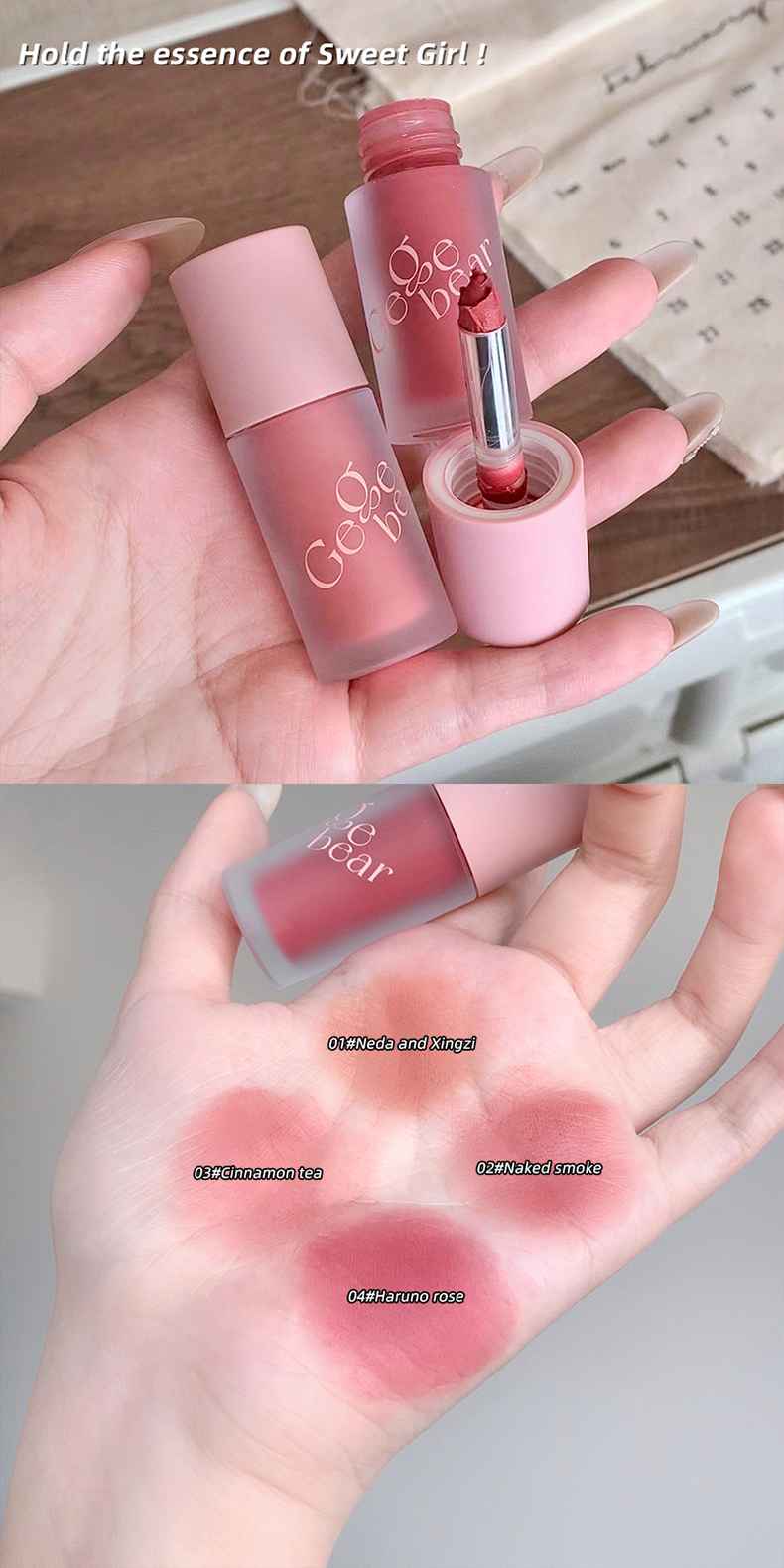 lip and cheek blush with pink packaging held in a hand, showing color swatches on skin.