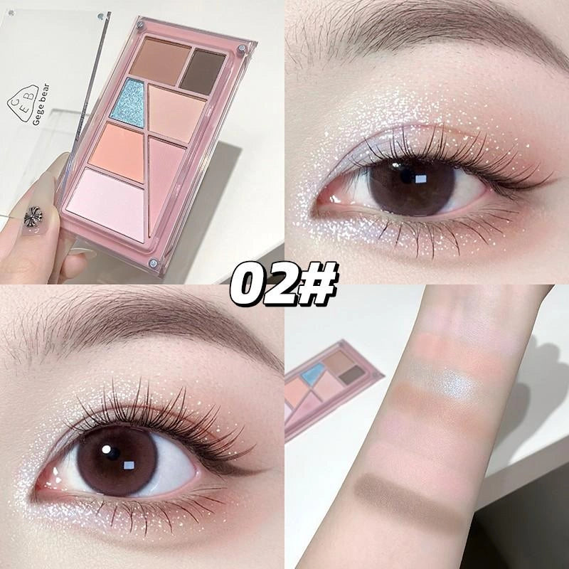 eye makeup palette with close-up shots of a woman's face applying it diplaying the finest shimmers on the eyes of a model 