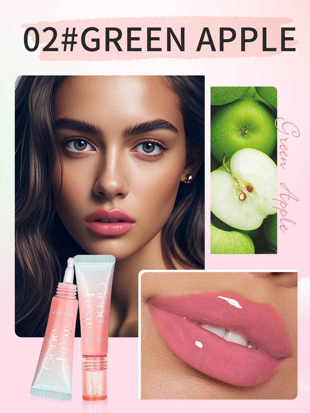 Lip product with a model wearing pink lipstick, green apples, and close-up of lips on a pink background.